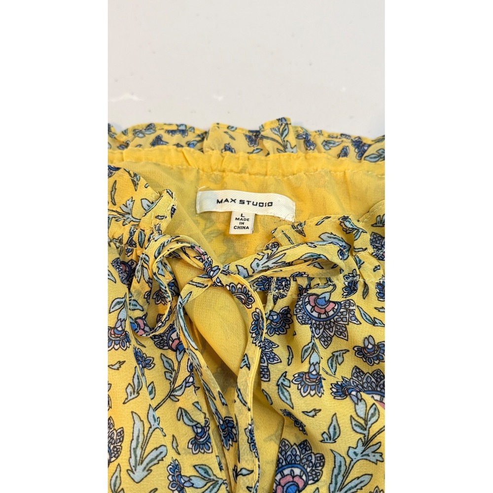 Max Studio Blouse Yellow Floral Ruffle Tie Neck Sleeveless Women Large - Picture 3 of 7
